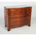 A GEORGE III INLAID MAHOGANY SERPENTINE CHEST OF DRAWERS, THREE SHORT DRAWERS OVER THREE LONG