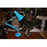 TWO MID 20TH CENTURY ARTICULATED ENAMEL METAL DESK LAMPS IN THE MANNER OF ANGLE-POISE, ONE IN