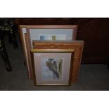 GROUP OF FIVE FRAMED DECORATIVE PICTURES INCLUDING AN OIL ON BOARD PERTHSHIRE LANDSCAPE BY M.