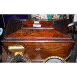 A 19TH CENTURY ROSEWOOD TEA CADDY OF SARCOPHAGUS FORM, THE INTERIOR WITH TWO WOODEN CADDIES AND A