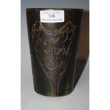 AN 18TH CENTURY CARVED HORN BEAKER CUP, DATED 1792, WITH INCISED DECORATION OF BIRD ON BRANCH