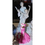 LARGE NAO FIGURE OF A MALE AND FEMALE DANCER, TOGETHER WITH A COALPORT LADY FIGURE TITLED '