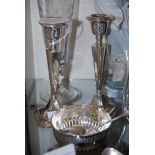 PAIR OF CHESTER SILVER CANDLESTICKS TOGETHER WITH A SHEFFIELD SILVER BOWL AND BIRMNGHAM SILVER