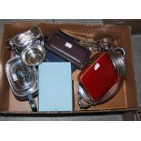 BOX - ASSORTED EP WARE TO INCLUDE OAK CASED CANTEEN OF TWELVE FISH KNIVES AND FORKS, THREE PIECE