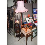 GROUP OF FOUR SMALL PIECES OF FURNITURE INCLUDING A MAHOGANY STANDARD LAMP, A MAHOGANY THREE-TIER