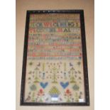 TWO 19TH CENTURY FRAMED SAMPLERS, EACH WITH LETTERS, NUMBERS AND SCENES OF FLOWERS, THE LARGER