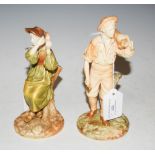 TWO ROYAL WORCESTER FIGURES, ONE MODELLED AS A WOODSMAN, THE OTHER A FEMALE PLAYING THE TAMOBORINE