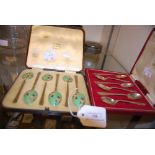 CASED SET OF SIX BIRMINGHAM SILVER AND ENAMEL COFFEE SPOONS, TOGETHER WITH A CASED SET OF SIX