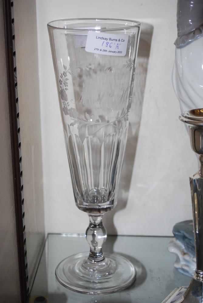 LARGE SIZED 19TH CENTURY GLASS GOBLET/ RUMMER WITH FACET CUT DETAIL AND ENGRAVED DECORATION,