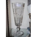 LARGE SIZED 19TH CENTURY GLASS GOBLET/ RUMMER WITH FACET CUT DETAIL AND ENGRAVED DECORATION,