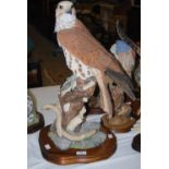 A LARGE SCOTTISH ART PAINTED RESIN FIGURE OF A BIRD OF PREY ON A WOODEN BASE, 55CM HIGH