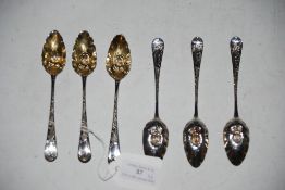 SET OF SIX SILVER TEASPOONS, THE BOWLS WITH EMBOSSED DECORATION OF FRUIT.
