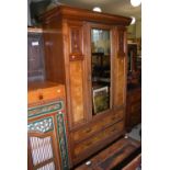 LATE 19TH/ EARLY 20TH CENTURY MAHOGANY AND BURR WALNUT CHEST OF DRAWERS AND MATCHING WARDROBE, THE