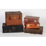 THREE VINTAGE SUITCASES, CANVAS AND LEATHER BOUND TRAVEL CASE, AND A METAL DEED BOX.