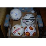 FOUR SIGNED SCOTTISH FOOTBALL TEAM FOOTBALLS, INCLUDING BRECHIN CITY FC FOOTBALL INSIDE A PERSPEX