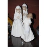 PAIR OF NAO PORCELAIN FIGURE GROUPS OF GIRLS PRAYING, TOGETHER WITH ANOTHER NAO PORCELAIN FIGURE