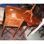 FOUR PIECES OF SMALL FURNITURE TO INCLUDE MAHOGANY DEMI LUNE TABLE, A MAHOGANY POT CUPBOARD, A SMALL