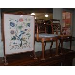 EARLY 20TH CENTURY OAK-FRAMED NEEDLEWORK EMBROIDERED FIRE SCREEN, TOGETHER WITH A MAHOGANY AND