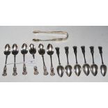 SET OF TWELVE GLASGOW SILVER TEASPOONS, TOGETHER WITH A PAIR OF SIMILAR ELECTROPLATED SUGAR TONGS.