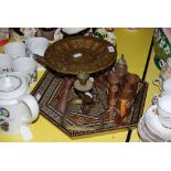 GROUP OF MIDDLE-EASTERN METALWARE ITEMS INCLUDING AN ENAMELLED BRASS PLATE MOUNTED ON A TRIPOD