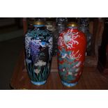 TWO LATE MEIJI/TAISHO PERIOD JAPANESE CLOISONNE VASES, EACH WITH SCENES OF BIRDS AND FLOWERS, ONE