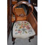 LATE 19TH CENTURY CARVED BALLOON BACK DINING/ SALON CHAIR WITH NEEDLEWORK UPHOLSTERED SEAT, TOGETHER