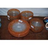 VASART FRUIT SET COMPRISING SIX BOWLS AND SIX PLATES MOTTLED ORANGE AND OPAQUE WHITE GLASS.