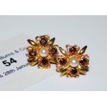 PAIR OF YELLOW METAL GARNET AND PEARL FLOWER CLUSTER EARRINGS.