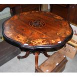 A 19TH CENTURY ROSEWOOD AND MARQUETRY INLAID CENTRE TABLE, THE SHAPED CIRCULAR TOP INLAID WITH