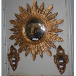 ART DECO STYLE GILT WOOD SUNBURST CONVEX MIRROR TOGETHER WITH A SMALL PAIR OF GILDED PLASTER