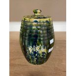 SCOTTISH ROSSLYN POTTERY OF KIRKCALDY RICE BARREL IN EARTHENWARE DECORATED WITH BLUE, GREEN AND