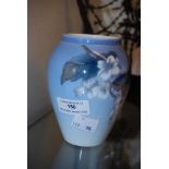 ROYAL COPENHAGEN BLUE AND WHITE PORCELAIN VASE DECORATED WITH BLOSSOM AND BIRD, WITH UNDERGLAZED