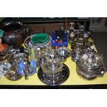 LARGE COLLECTION OF SILVER-PLATED ITEMS INCLUDING CANDELABRA, CANDLESTICKS, TRUMPET VASES, ENTREE