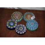 COLLECTION OF FIVE ASSORTED SCOTTISH MILLEFIORI PAPERWEIGHTS.