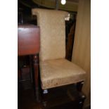 EDWARDIAN MAHOGANY PRIE DIEU CHAIR WITH UPHOLSTERED BACK AND SEAT.