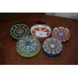 COLLECTION OF FIVE ASSORTED SCOTTISH MILLEFIORI PAPERWEIGHTS.