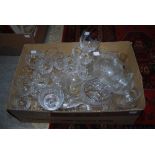 BOX OF ASSORTED VINTAGE GLASSWARE.