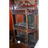 EARLY 20TH CENTURY MAHOGANY WALL MOUNTED MIRROR-BACKED THREE-TIER SET OF SHELVES, THE GALLERY AND