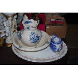 A LARGE LATE 19TH CENTURY TRANSFER PRINTED ASHET TOGETHER WITH A TRANSFER PRINTED JUG WITH BASIN AND