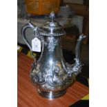 A 19TH CENTURY ELKINGTON PLATED COFFEE POT, EMBOSSED AND CHASED WITH FOLIATE AND SCROLL DETAIL,