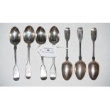 SEVEN LONDON SILVER FIDDLE PATTERN TEASPOONS WITH ENGRAVED INITIALS 'AG'.