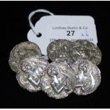 SET OF SIX EARLY 20TH CENTURY WHITE METAL BUTTONS WITH EMBOSSED DECORATION OF ART NOUVEAU MAIDEN