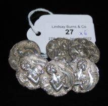 SET OF SIX EARLY 20TH CENTURY WHITE METAL BUTTONS WITH EMBOSSED DECORATION OF ART NOUVEAU MAIDEN