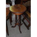 A LATE 19TH CENTURY WALNUT JARDINIERE STAND, THE BURR WALNUT TOP WITH DESIGN INLAID IN BOXWOOD