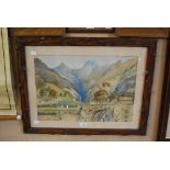 EARLY 20TH CENTURY CONTINENTAL SCHOOL AN ALPINE SCENE OF A TRAVELLER RESTING BY A BRIDGE WATERCOLOUR
