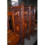 A 20TH CENTURY INLAID AND PIERCED MAHOGANY SIX-FOLD SCREEN, EACH SECTION WITH PIERCED HEXAGONAL