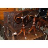 PAIR OF REPRODUCTION MAHOGANY DROP-LEAF OCCASIONAL TABLES ON TURNED COLUMNS WITH FOUR DOWNSWEPT