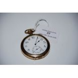 VINTAGE YELLOW METAL CASED OPEN-FACED POCKET WATCH WITH BLACK AND WHITE ARABIC NUMERAL DIAL
