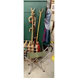 COLLECTION OF ASSORTED WALKING CANES, SHEPHERDS CROOKS, ICE PICKS, FOLDING STOOL ETC