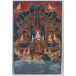 AN EARLY 20TH CENTURY SIAMESE / THAI SCHOOL BUDDHIST PAINTED PANEL, PROBABLY A THOTSACHAT SCENE,